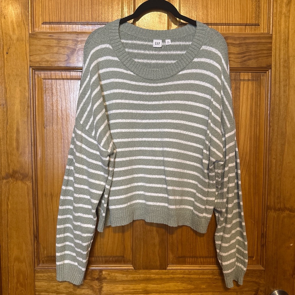 GAP Green and White Striped Crew Neck Sweater